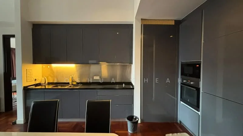 Kitchen features: dark grey cabinetry, black granite countertop, stainless-steel sink, chrome pull-down faucet, built-in oven, freestanding range oven, microwave, tile backsplash, recessed LED downlights, wooden flooring, kitchen island, open shelving; style: modern.