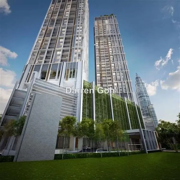 Exterior type: high-rise condominium; features: glass curtain wall, green vertical garden, manicured lawn, surrounded by mature greenery, multiple storeys, modern architectural design, adjacent to city skyline; style: modern.