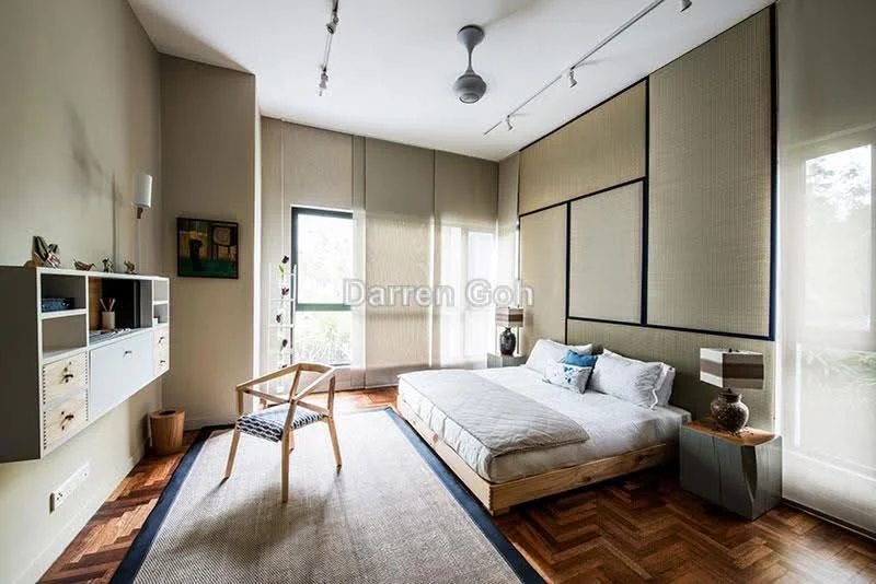 Bedroom features: queen-size bed with white bedding, wooden bed frame, parquet wood flooring, light grey painted walls, floor-to-ceiling windows, sheer curtains, ceiling fan, decorative wall art, built-in wall shelf, area rug with geometric pattern, wooden chair; style: modern; view: garden.