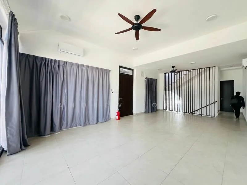 Living features: light-colored tile flooring, white painted walls, 5-blade ceiling fan, wall-mounted split AC, floor-to-ceiling windows, grey curtains, fire extinguisher, open layout, staircase railing, recessed downlights; style: modern.