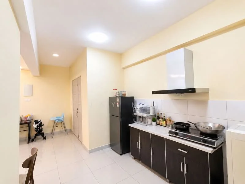 Kitchen features: white painted walls, light grey floor tiles, stainless-steel range hood, built-in gas stove, black cabinetry with silver handles, black fridge, white countertop, sink, open shelving, microwave, glass jars for storage, bottles on countertop; style: modern.