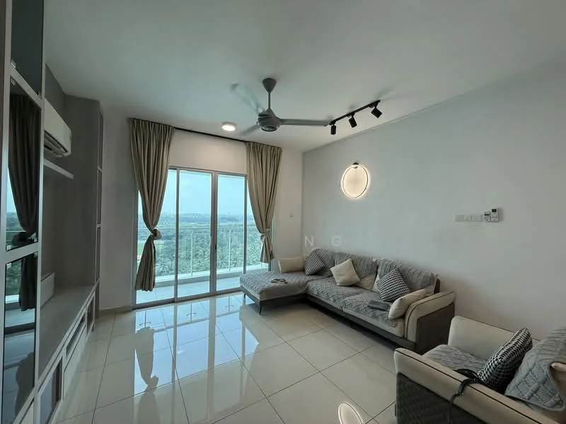 Living features: 3-seater fabric sofa in light grey, 2-seater fabric sofa in beige, ceiling fan with integrated light, recessed LED downlights, floor-to-ceiling windows, sliding glass door, white painted walls, glossy ceramic tile flooring, decorative wall light, curtains, TV console with storage; style: modern; view: city.