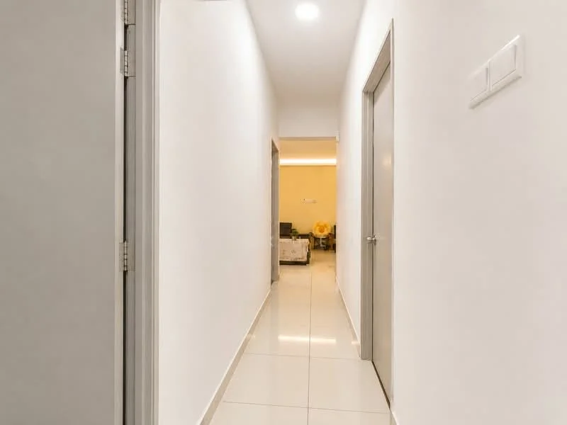 Hallway features: white painted walls, glossy ceramic tile flooring, recessed downlights, two doors visible, neutral color scheme, straight corridor layout; style: modern.