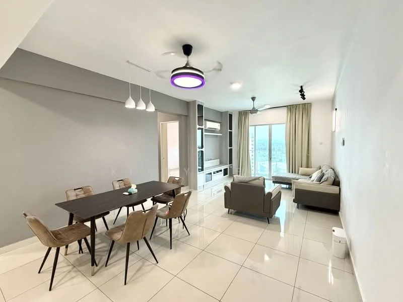 Living features: white painted walls, grey accent wall, glossy white tile flooring, 5-blade ceiling fan with integrated LED light, sofa in light grey fabric, coffee table, TV console, wall-mounted TV, floor-to-ceiling windows with sheer curtains, area rug, decorative wall sconce; style: modern; view: city. Dining features: 6-seater dining table in dark wood, upholstered dining chairs in beige, pendant lighting above dining table; style: modern.