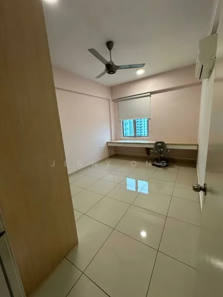 Room features: light pink painted walls, glossy white tile flooring, ceiling fan, window with roller blinds, built-in desk or shelf, air conditioning unit, single door, corner of a room with visible wall, view of city skyline through window; style: modern; view: city.