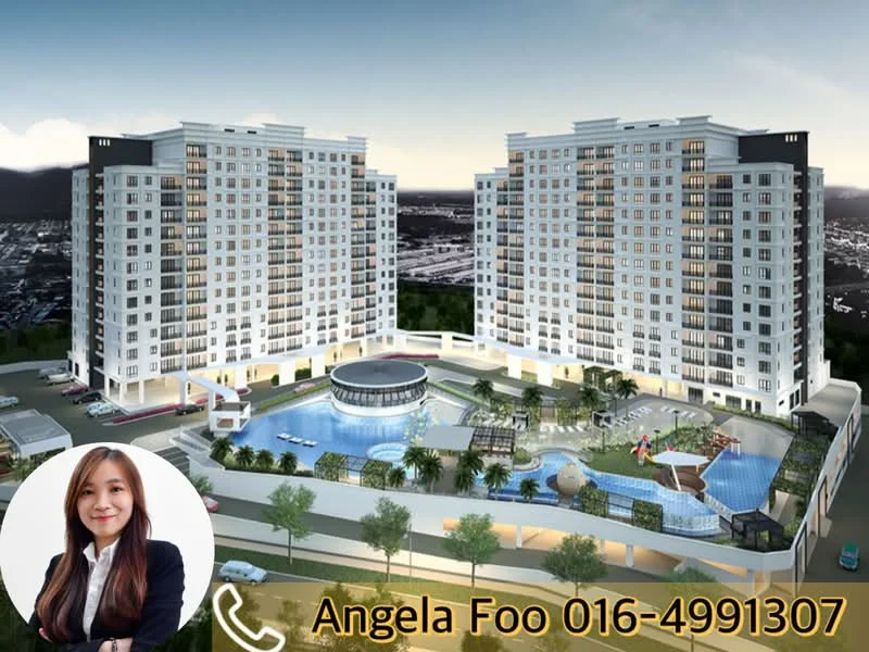 Exterior type: high-rise condominium; features: glass curtain wall, white painted facade, recessed balconies, infinity pool, pool deck with loungers, children's playground, landscaped garden, water feature, multiple storeys, surrounded by greenery; style: modern.
