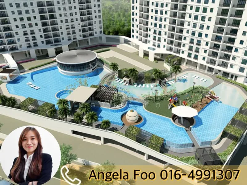 Exterior type: high-rise condominium; features: infinity pool, lap pool, kids splash pool, pool deck with loungers, BBQ pit, outdoor dining pavilion, children's playground, jogging track, landscaped garden, water features, manicured lawn, palm trees; style: modern.