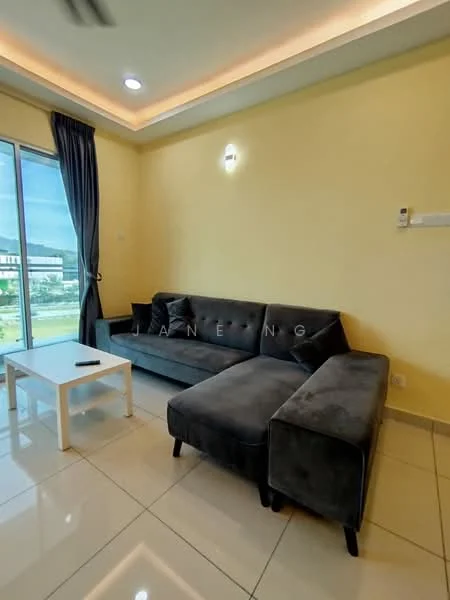 Living features: 3-seater fabric sofa in grey, L-shape sectional sofa, white coffee table, floor-to-ceiling windows, curtains in dark blue, recessed downlights, cream painted walls, glossy tile flooring; style: modern; view: garden.