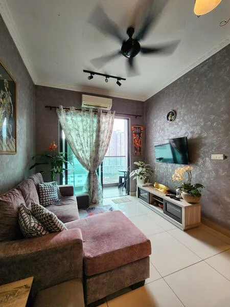 Living features: 3-seater fabric sofa in mauve, armchair with patterned upholstery, coffee table, TV console with storage, wall-mounted TV, floor-to-ceiling windows, sheer curtains, ceiling fan with light, decorative wall art, potted plants, recessed lighting, tile flooring, crown moulding; style: modern; view: city.