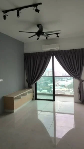 Living features: grey accent wall, white painted walls, marble tile flooring, 5-blade ceiling fan, floor-to-ceiling windows, sliding glass door, sheer curtains, built-in TV console; style: modern; view: city.