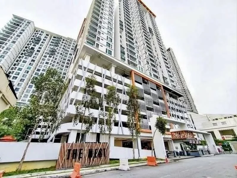 Exterior type: high-rise condominium; features: glass curtain wall, white painted facade, projecting balconies, mature trees, manicured landscaping, open-air parking lot, double-volume main lobby, feature water wall, surrounded by mature greenery; style: modern.