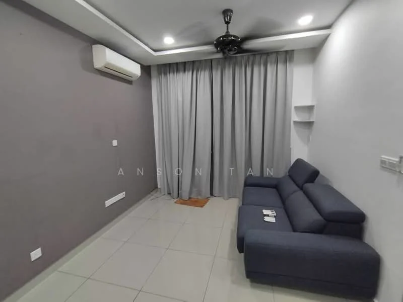 Living features: grey painted walls, white ceiling with recessed lighting, 5-blade ceiling fan, floor-to-ceiling curtains, grey fabric sofa, tile flooring, wall-mounted air conditioning unit, shelf unit on wall, wooden floor mat, remote control on sofa; style: modern.