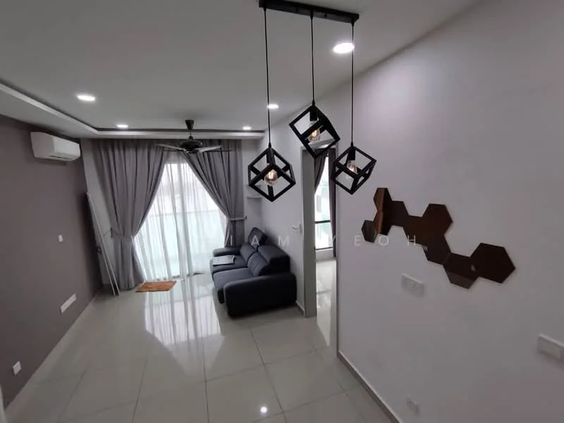 Living features: grey accent wall, white painted walls, glossy tile flooring, 5-blade ceiling fan with light, pendant light with geometric design, floor-to-ceiling windows, sheer curtains, sofa in dark grey, decorative wall with hexagonal panels, area rug, air conditioning unit; style: modern.