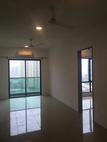 Living features: white painted walls, marble tile flooring, 5-blade ceiling fan, recessed downlights, floor-to-ceiling sliding glass door, city view, balcony access; style: modern; view: city.