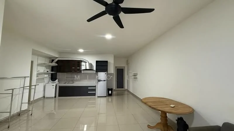 Living features: white painted walls, glossy tile flooring, 5-blade ceiling fan, recessed downlights, round wooden dining table, grey fabric sofa, open kitchen layout, built-in kitchen cabinets, stainless-steel fridge, washing machine, microwave, kitchen countertop, kitchen backsplash; style: modern.