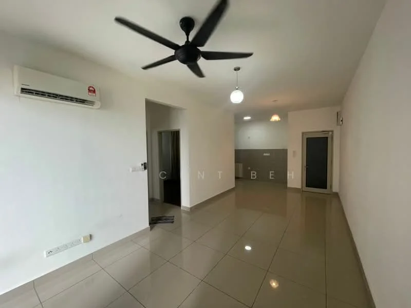 Living features: white painted walls, glossy ceramic tile flooring, 5-blade ceiling fan with light, wall-mounted split AC, recessed downlights, pendant light, door to hallway, door to bathroom, large window, neutral color scheme; style: modern.