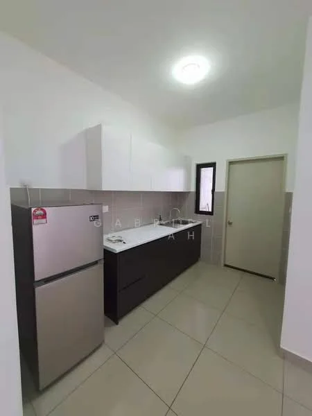 Kitchen features: stainless-steel fridge, white upper cabinets, dark wood lower cabinets, white countertop, grey tiled backsplash, single-bowl stainless-steel sink, chrome pull-down faucet, tile flooring, recessed ceiling light, window with black frame, door leading to hallway; style: modern.