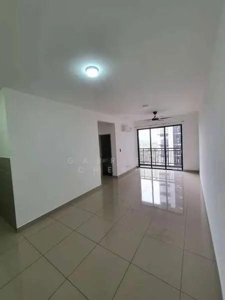 Living features: white painted walls, glossy tile flooring, ceiling fan, recessed ceiling light, floor-to-ceiling windows, sliding glass door, balcony access, neutral color scheme; style: modern; view: city.