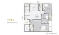 Floor plan: 3-bedroom 2-bathroom unit; features: open-plan kitchen-dining-living, master bedroom with ensuite bathroom, bedroom 2 with shared bathroom, utility room, balcony off living room, central foyer, 1 car porch, laundry area.
