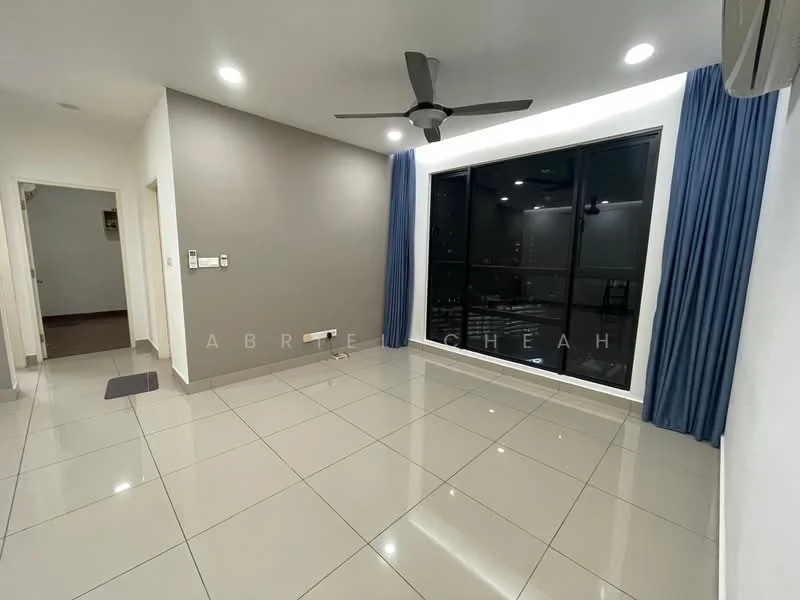 Living features: grey accent wall, white painted walls, glossy tile flooring, floor-to-ceiling windows, sliding glass door, blue curtains, 5-blade ceiling fan with light, air conditioning unit; style: modern.