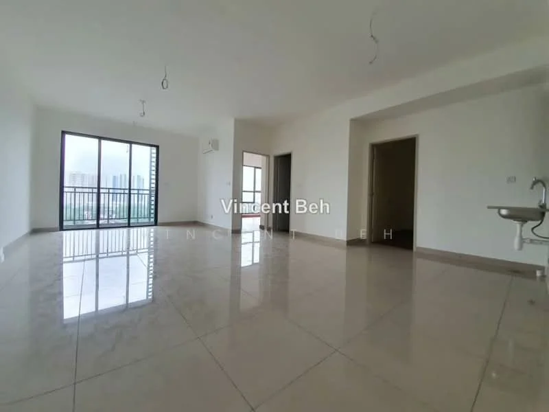 Room features: white painted walls, marble tile flooring, floor-to-ceiling windows, 1 wall-mounted split AC, 2 ceiling light fixtures, open layout, doorway leading to another room, balcony access, city view; style: modern; view: city.