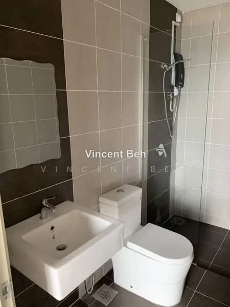 Bathroom features: wall-mounted sink, chrome faucet, white toilet, shower with handheld showerhead, grey wall tiles, white floor tiles, mirror above sink, shower wall with tile cladding; style: modern.
