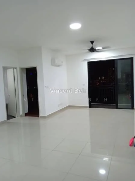 Living features: white painted walls, glossy ceramic tile flooring, 5-blade ceiling fan with light, wall-mounted split AC, floor-to-ceiling sliding glass door, blackout curtains, recessed downlights; style: modern; view: city. Room features: white painted walls, glossy ceramic tile flooring, door leading to hallway.