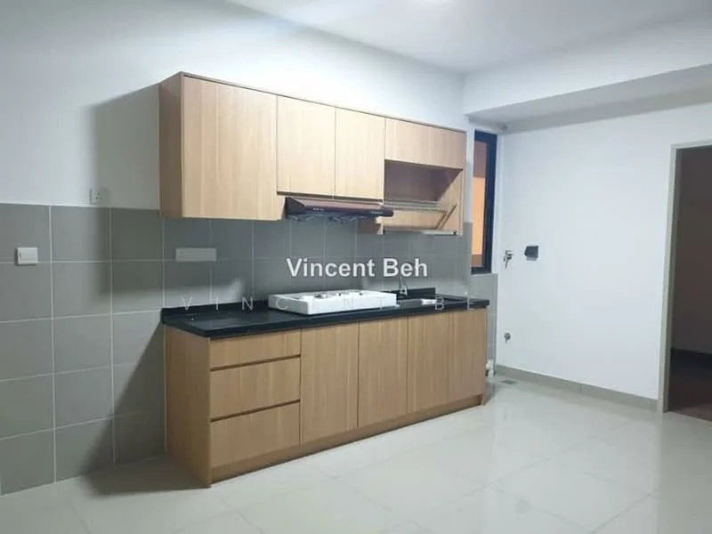 Kitchen features: wood cabinetry, black granite countertop, white ceramic sink, chrome faucet, grey tiled backsplash, white walls, glossy floor tiles, built-in oven, stainless-steel range hood, under-cabinet lighting; style: modern.