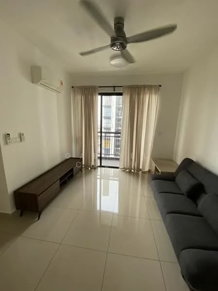 Living features: grey fabric sofa, wooden TV console, white walls, glossy tile flooring, floor-to-ceiling windows, sheer curtains, ceiling fan with light, air conditioning unit; style: modern; view: city.