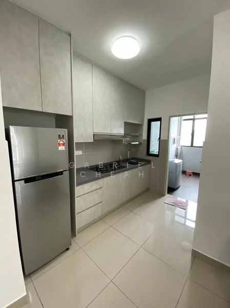 Kitchen features: light grey cabinetry, stainless-steel fridge, grey countertop, single-bowl stainless-steel sink, chrome pull-down faucet, ceramic tile flooring, recessed ceiling light, wall-mounted cabinets, window with black frame, open layout, neutral wall colour; style: modern.