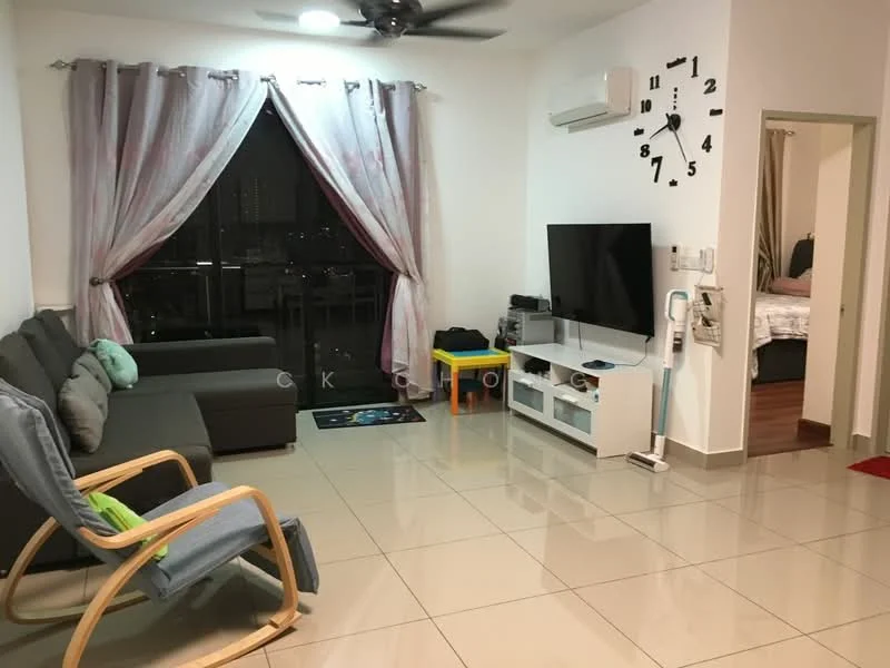 Living features: grey fabric sofa, 3-seater sofa, wooden armchair, white TV console, wall-mounted TV, large floor-to-ceiling window, sheer curtains, recessed ceiling lights, ceiling fan, glossy tile flooring, decorative wall clock; style: modern; view: city.