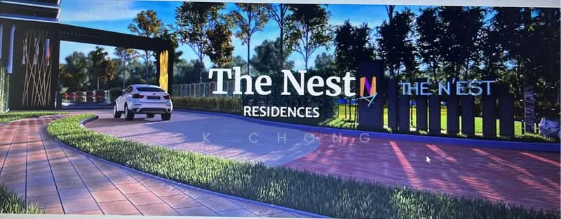 Exterior features: landscaped garden, manicured lawn, paved driveway, entrance gate, signage with 'The Nest Residences', surrounding trees, car parked in driveway; style: modern.