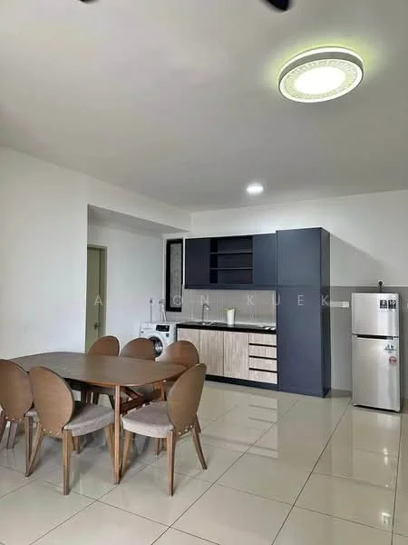 Kitchen features: white painted walls, glossy tile flooring, ceiling with recessed lighting, black cabinetry with wood accents, stainless-steel fridge, built-in washing machine, kitchen countertop with sink, dining table with 6 upholstered chairs; style: modern.