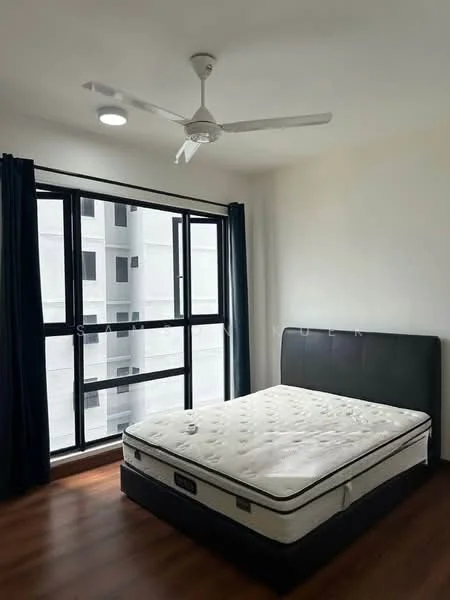 Bedroom features: queen-size bed, ceiling fan, floor-to-ceiling windows, blackout curtains, wooden flooring, white painted walls, light fixture, mattress on bed frame; style: modern.