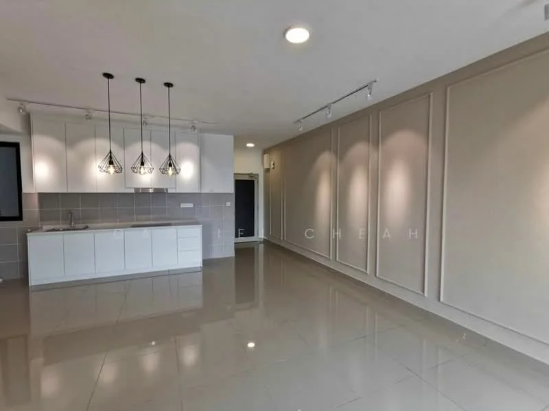 Living features: glossy ceramic tile flooring, white painted walls, feature wall with recessed lighting, kitchenette with white cabinetry, grey tiled backsplash, 3 pendant lights over kitchen island, open-plan layout, recessed ceiling lights; style: modern.