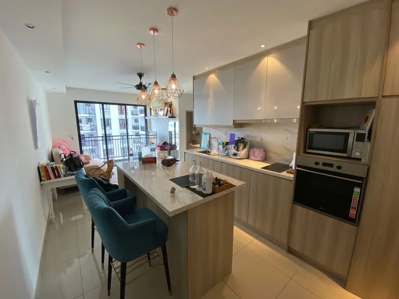 Kitchen features: island kitchen with bar seating, white glossy cabinets, wooden cabinetry, marble countertop, stainless-steel sink, chrome pull-down faucet, built-in microwave, built-in oven, stainless-steel range hood, 4-burner gas hob, pendant lighting, recessed downlights, ceramic tile flooring, floor-to-ceiling windows, balcony view; style: modern; view: city. Living features: sofa, coffee table, TV console, wall-mounted TV, area rug, decorative pillows, floor-to-ceiling windows; style: modern; view: city.