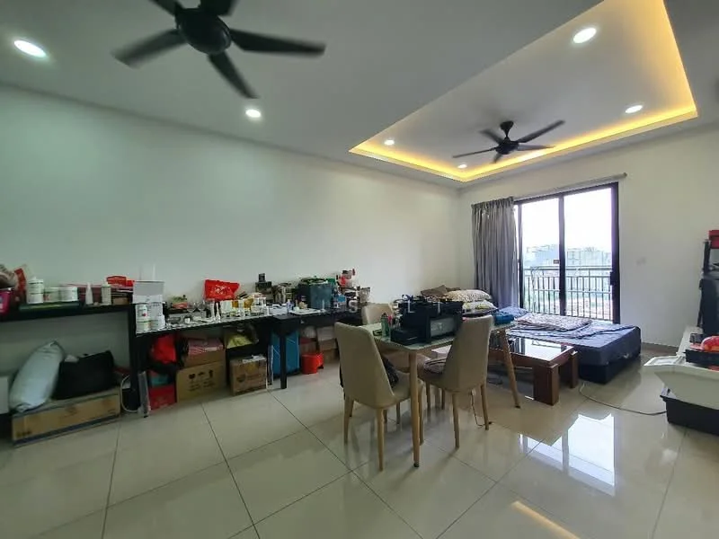 Living features: white painted walls, tray ceiling with recessed lighting, floor-to-ceiling windows, sliding glass door, ceramic tile flooring, 2 ceiling fans, dining table with 4 chairs, sofa bed, storage boxes, decorative items on shelves, curtains, balcony view; style: modern; view: city.