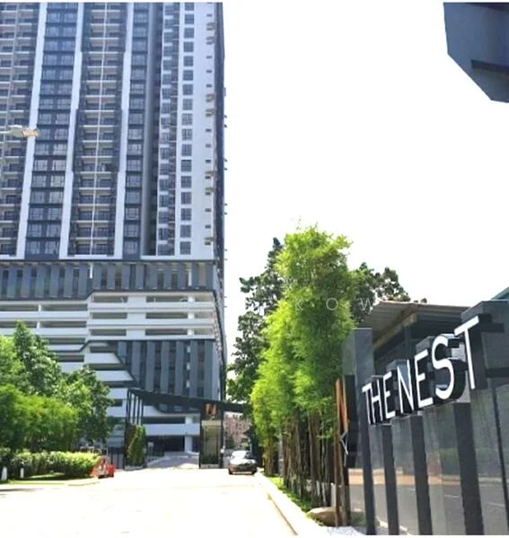 Exterior type: high-rise condominium; features: glass curtain wall, white painted facade, approximately 20-storey high-rise, manicured lawn, mature trees, feature signage at entrance, paved driveway, surrounded by greenery; style: modern.