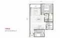 Floor plan: 2-bedroom 1-bathroom unit; features: open-plan kitchen-dining-living, master bedroom with ensuite bathroom, bedroom 2 with shared bathroom, balcony off living room, utility room, laundry area, central foyer.