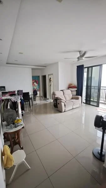 Living features: cream painted walls, glossy tile flooring, 5-blade ceiling fan, sofa in beige, floor-to-ceiling sliding glass door, curtains in dark blue, dining table with chairs, clothes drying rack, decorative wall art, standing fan; style: modern; view: city.