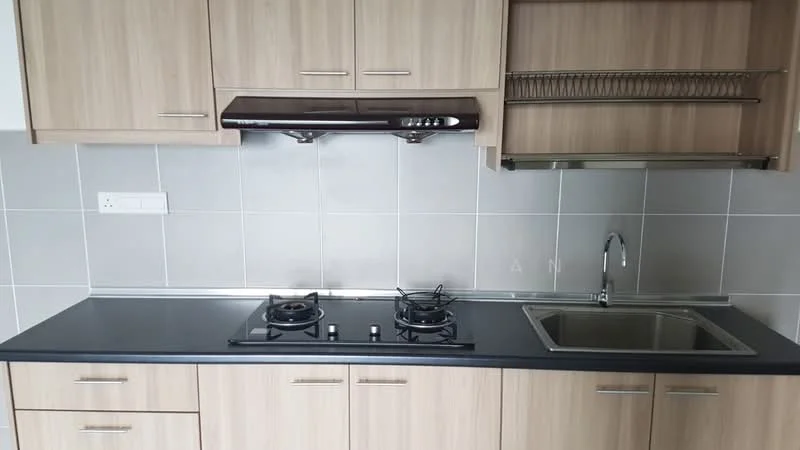 Kitchen features: laminate cabinetry in light wood finish, black countertop, stainless-steel single-bowl sink, chrome pull-down faucet, built-in gas hob with 2 burners, stainless-steel range hood, grey tiled backsplash, open shelving above countertop; style: modern.