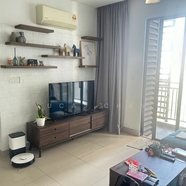 Living features: white painted walls, grey accent wall, ceramic tile flooring, wall-mounted TV, wooden TV console, open shelving unit, curtains, air conditioning unit, coffee table, robot vacuum, decorative items on shelves, area rug; style: modern.