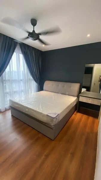 Bedroom features: king-size bed, upholstered headboard, bedside table, ceiling fan, floor-to-ceiling windows, curtains, wooden flooring, dark accent wall, light ceiling, nightstand; style: modern.