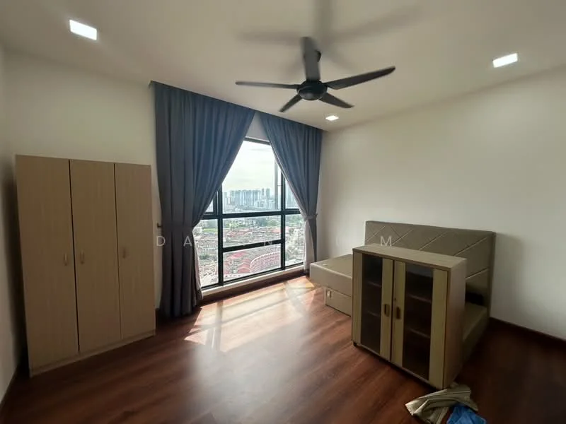 Bedroom features: wooden flooring, white painted walls, 5-blade ceiling fan, floor-to-ceiling window, grey curtains, built-in wardrobe, bed frame without mattress, city view; style: modern; view: city.