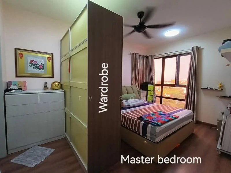 Bedroom features: queen-size bed, upholstered headboard, bedside lamps, built-in wardrobe, wooden flooring, ceiling fan, floor-to-ceiling windows, curtains, decorative artwork, study desk, shelves; style: modern; view: city.