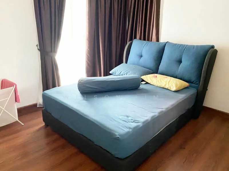 Bedroom features: king-size bed with blue bedding, upholstered headboard, wooden flooring, brown curtains, pillow on bed, bolster pillow on bed, natural light from window, white walls; style: modern.