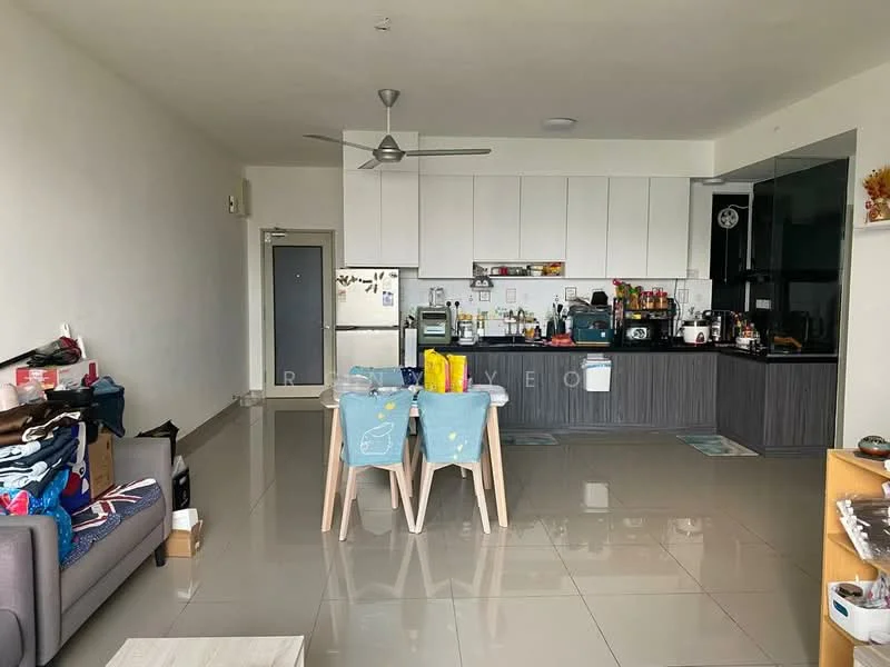Living features: grey fabric sofa, light wood coffee table, dining table with four chairs, white painted walls, glossy tile flooring, ceiling fan, kitchen with white cabinetry, stainless-steel appliances, countertop with bar stools, window with city view; style: modern; view: city.