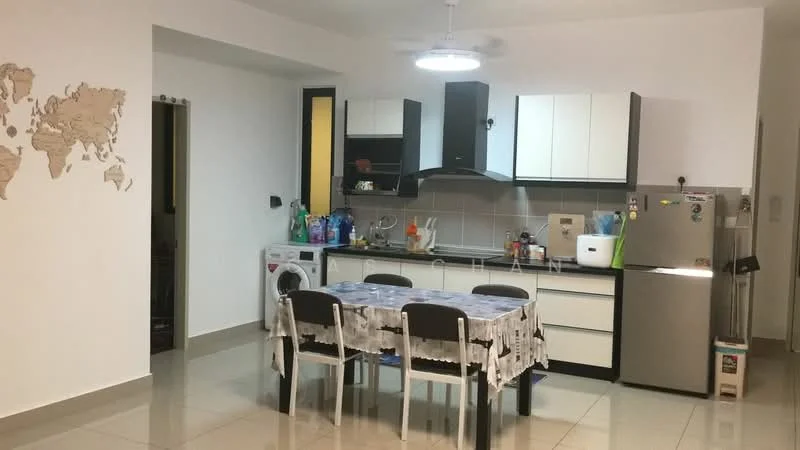 Kitchen features: white cabinets with black handles, grey countertop, stainless-steel fridge, built-in oven, 4-burner gas hob, single-bowl stainless-steel sink, chrome pull-down faucet, washing machine, tile backsplash, dining table with 6 chairs, recessed ceiling lights, floor-to-ceiling windows, cream painted walls, polished tile flooring; style: modern.