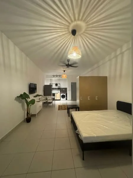 Room features: white painted walls, tile flooring, 5-blade ceiling fan, two pendant lights, wall-mounted TV, black bed frame without mattress, dining table with chairs, green indoor plant, laundry area with washing machine, open layout, decorative wall with letters; style: modern.