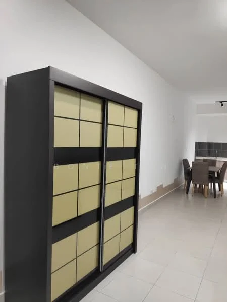 Room features: white painted walls, light-colored tiled flooring, dark wood storage cabinet with sliding doors, dining table with upholstered chairs, recessed ceiling lights; style: modern.